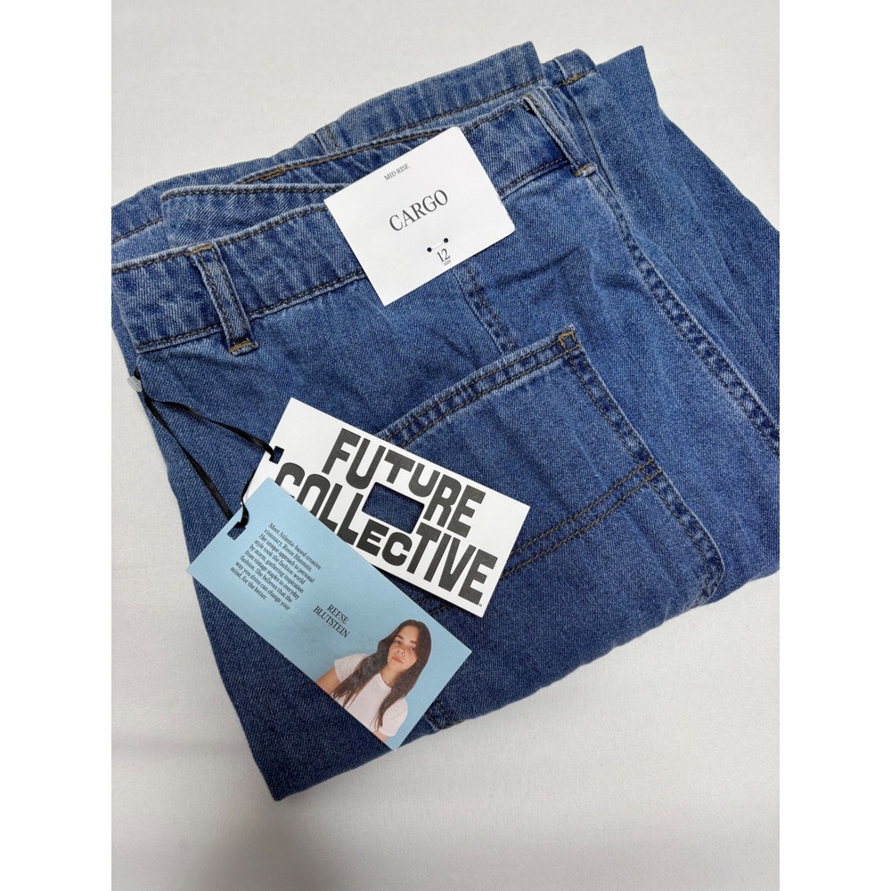 Future Collective Reese Blutstein Mid Rise Cargo Jeans Blue Denim Size 12 NEW